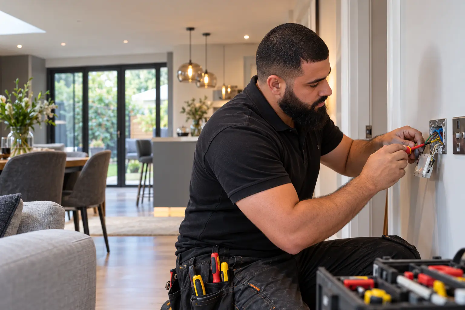 Electrician carrying out domestic electrical work in a modern home