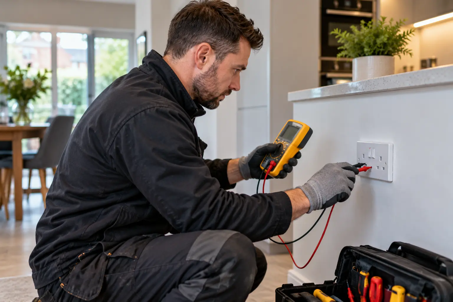 Emergency electrician carrying out electrical fault diagnosis in an Ealing home