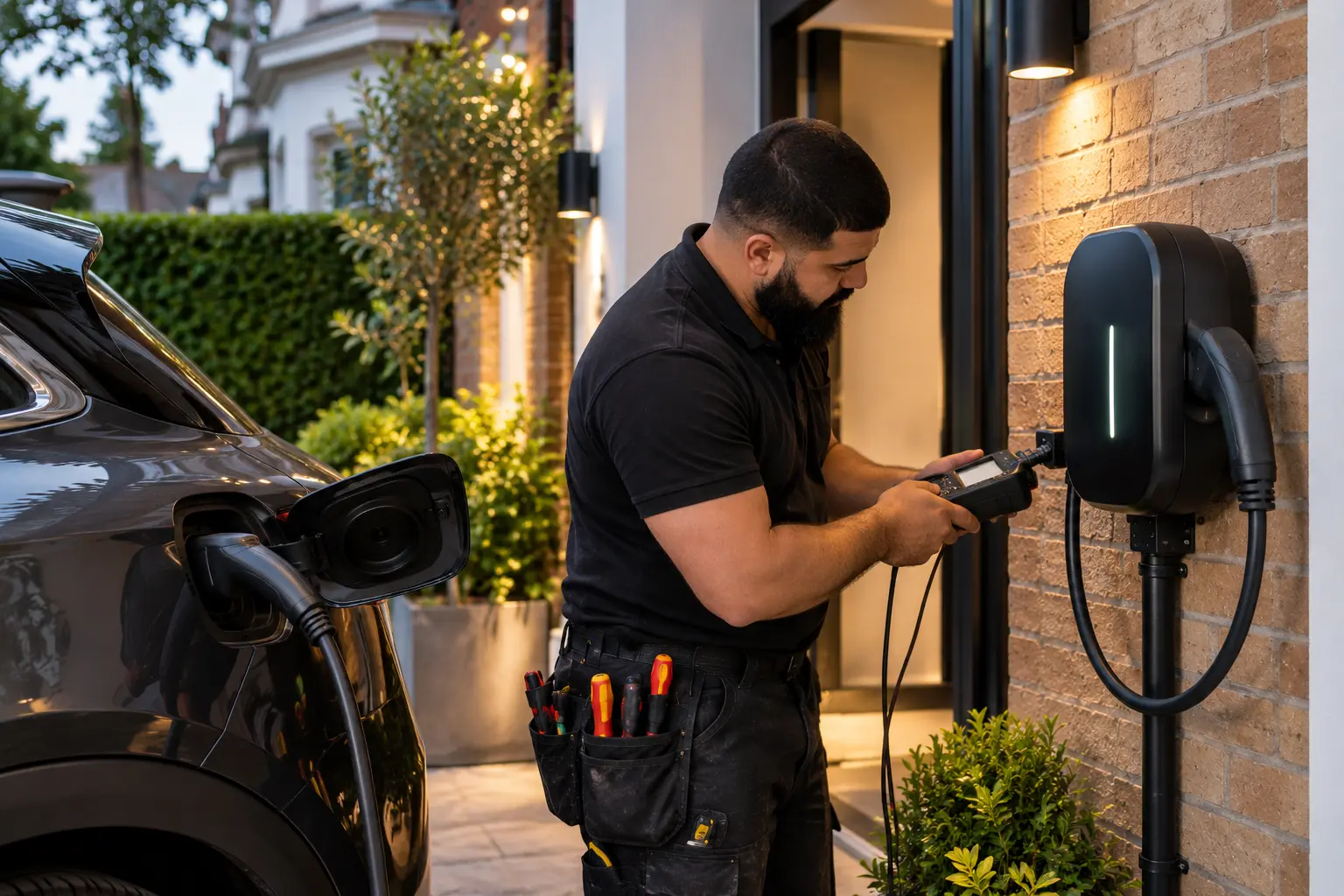 Electrician checking a residential EV charger installation