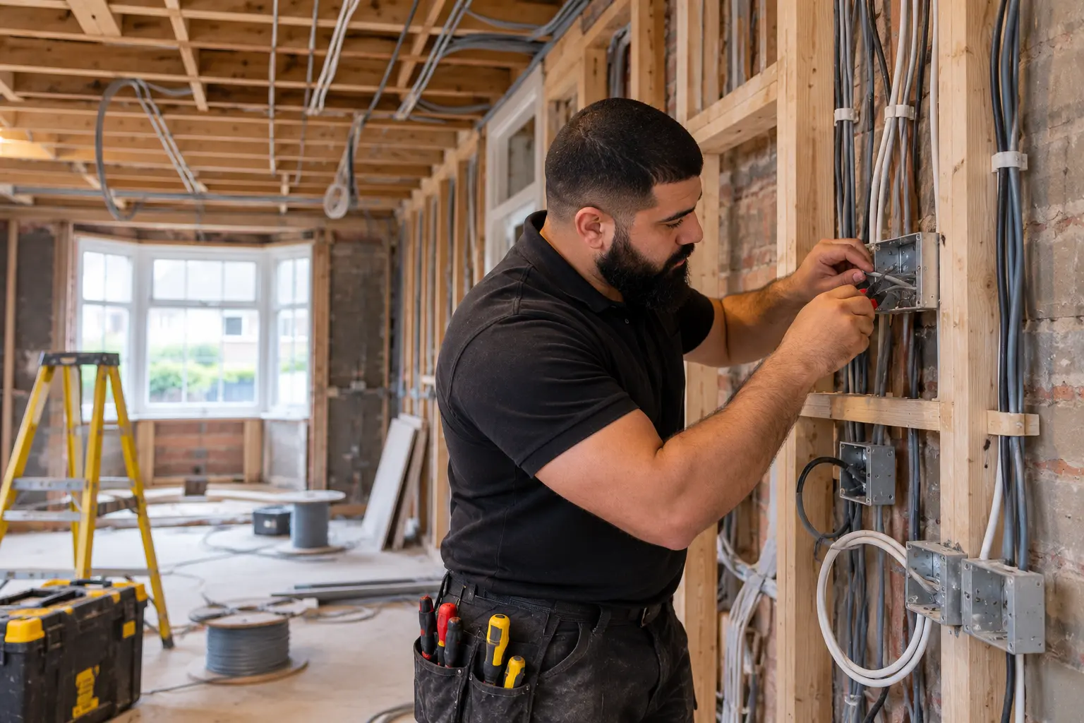 Electrician installing new cables during a house rewiring project